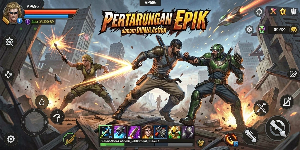 Tampilan seru gameplay AP686 di arena pertarungan Action.