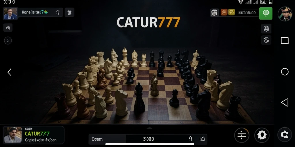 Screenshot utama CATUR777 menampilkan suasana mencekam di papan catur.