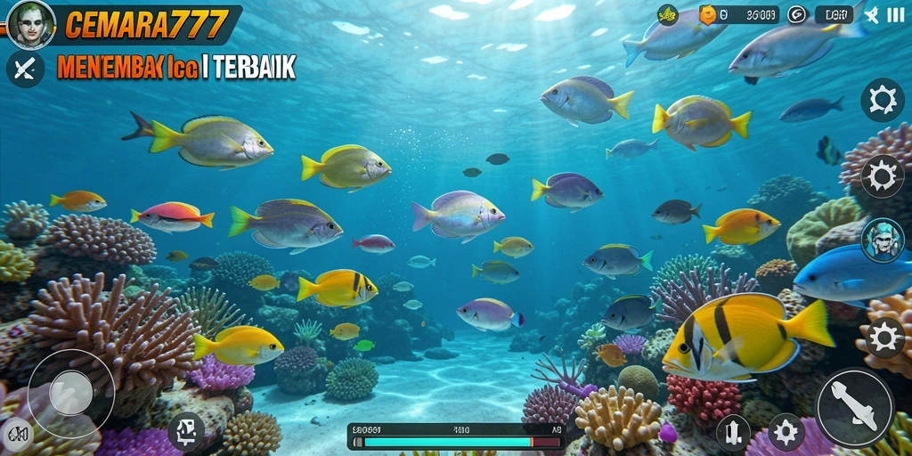 Tampilan gameplay CEMARA777 saat menembak ikan di lautan.