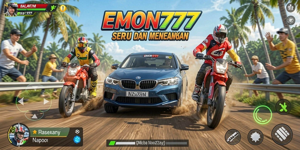 Screenshot utama EMON777 menampilkan aksi balapan yang mendebarkan