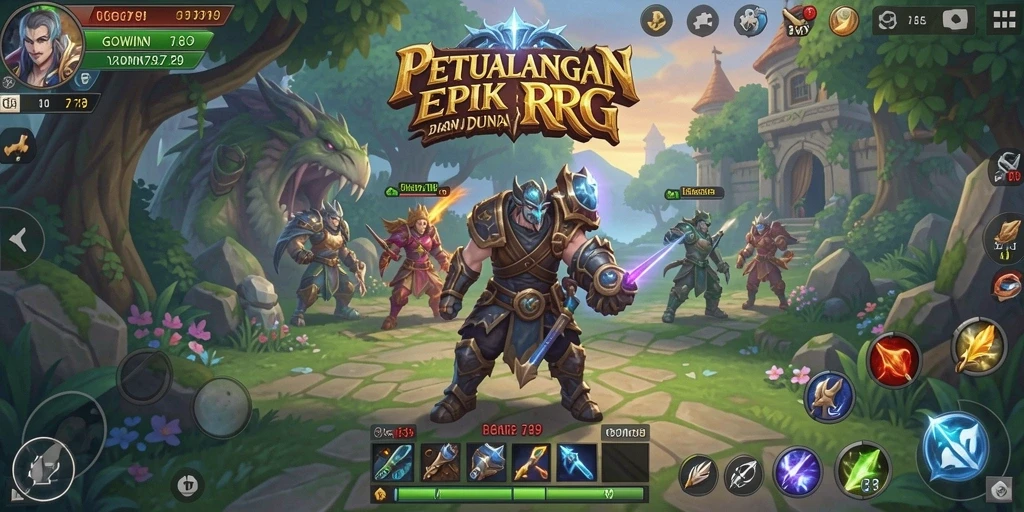 Screenshot GOWIN789 menunjukkan pertempuran seru di dunia RPG yang menakjubkan.
