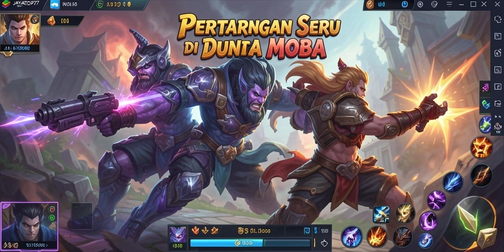 Tangkapan layar menunjukkan pertempuran seru dalam JAYATOP77 MOBA.