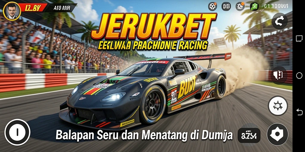 Tampilan gameplay JERUKBET dengan kecepatan tinggi dan lintasan menantang.