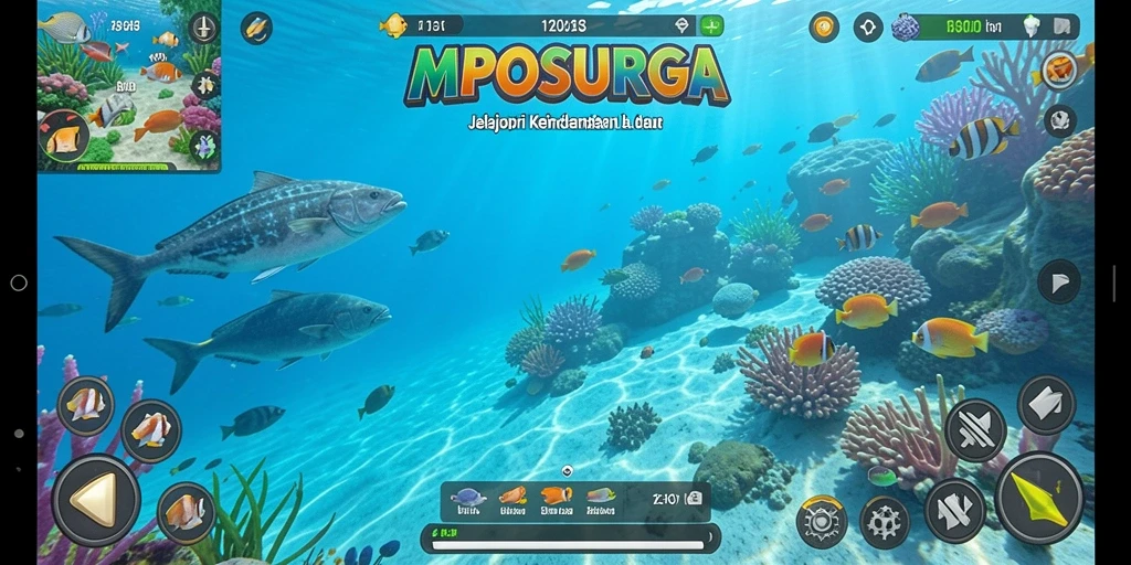 Screenshot MPOSURGA menampilkan aksi memancing yang mendebarkan dengan latar belakang laut yang indah.