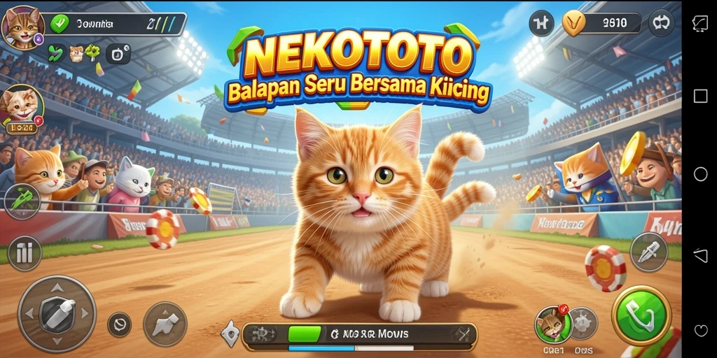Screenshot gameplay NEKOTOTO menampilkan kucing sedang balapan.