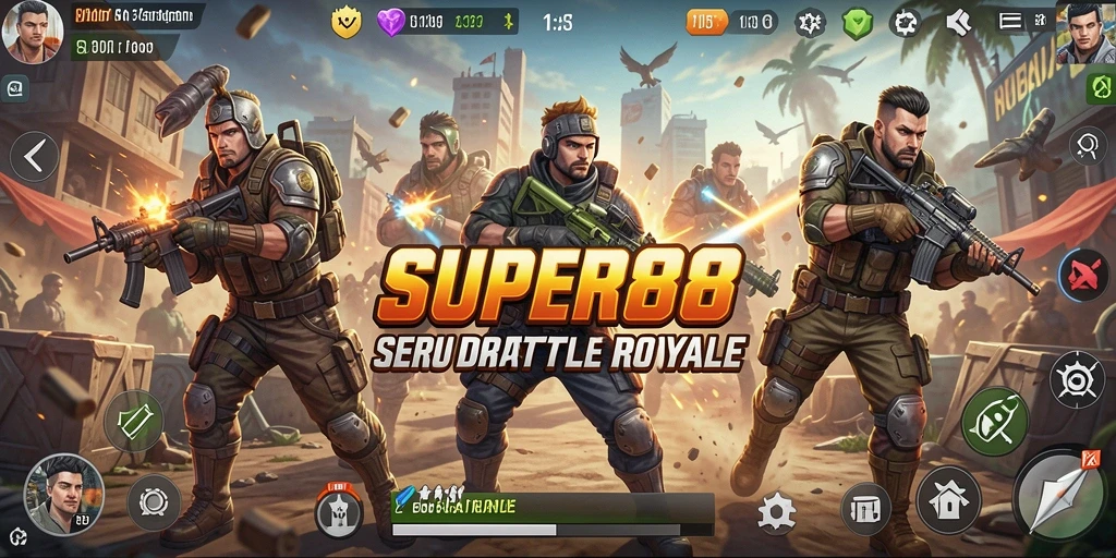 Tangkapan layar SUPER88 menampilkan aksi seru dalam pertempuran Battle Royale.