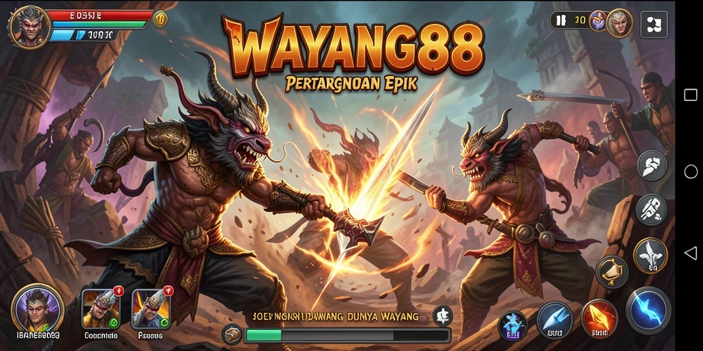 Gameplay pertarungan WAYANG88 dengan karakter wayang.