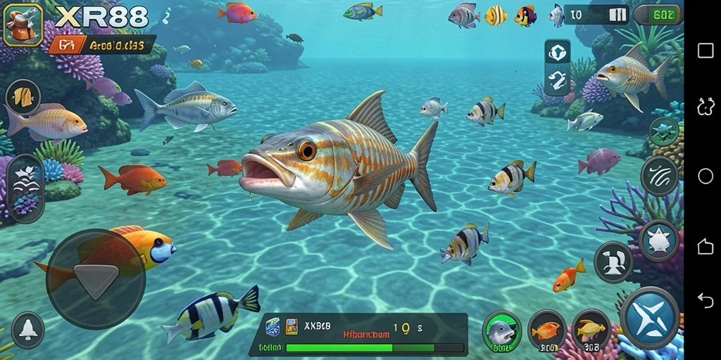Gameplay seru XR88 dengan beragam ikan untuk ditangkap.